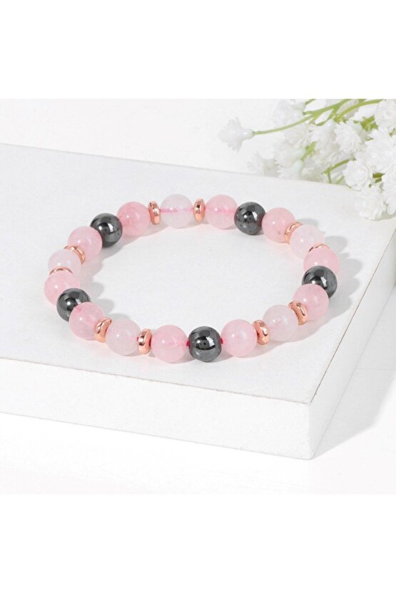 Doğaltaş Pembe Kuvars - Hematit Bileklik 8mm