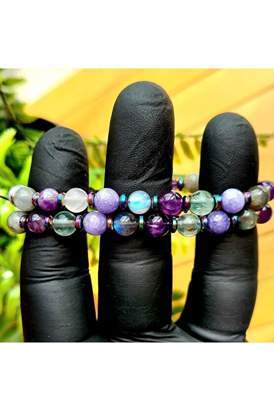 Kova Burcu Doğal Taş Bileklik > Florit - Ametist - Labrodit - Angelite (EL YAPIMI TASARIM ÜRÜNLER)
