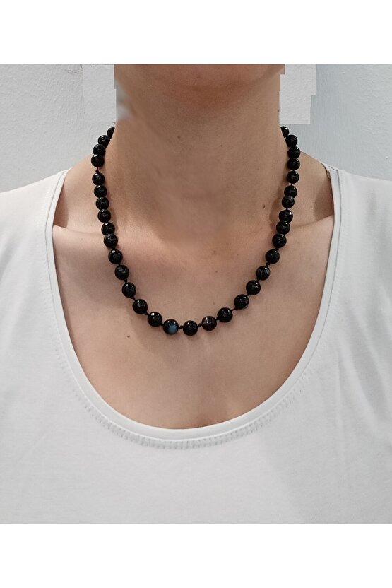 DOĞALTAŞ TASARIM KOLYE- SİYAH AKİK TAŞINDAN DÜĞÜMLÜ KOLYE