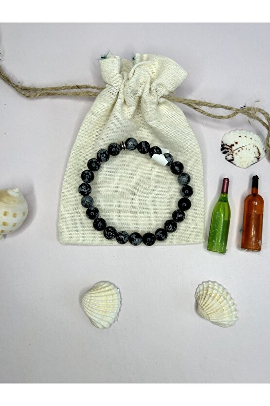 Kar Taneli Obsidyen Bileklik-%100 Orijinal Ve Sertifikalı