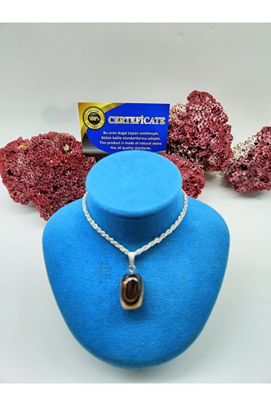 Alacalı Akik Doğal Taş Yuvarlak Kolye Ucu Sertifikalı 47 cm Zincir Dahil