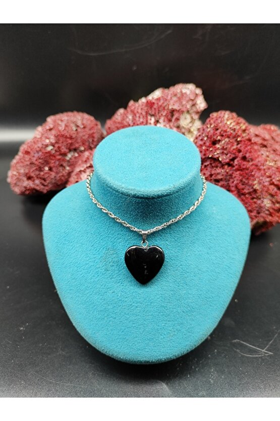 Oniks Doğal Taş Kalp Kolye Ucu (sertifikalı) (47 Cm Zincir Dahil)