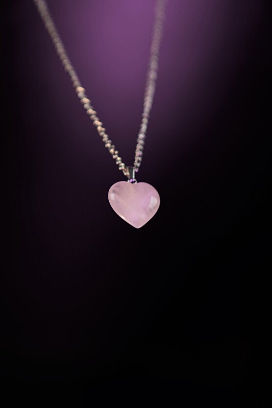 Pembe Kuvars Doğaltaş Kalp Kesim Kolye