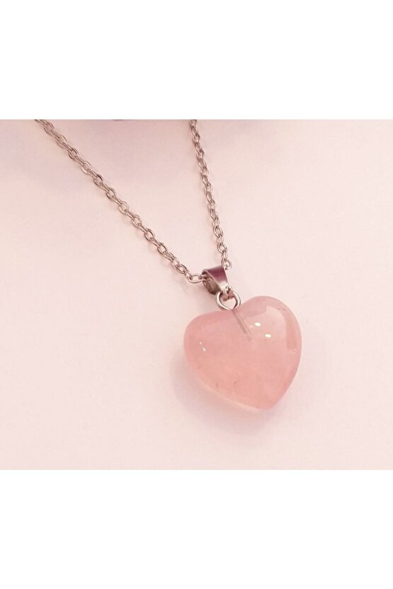 Kalp Pembe Kuvars Zincirli Kolye