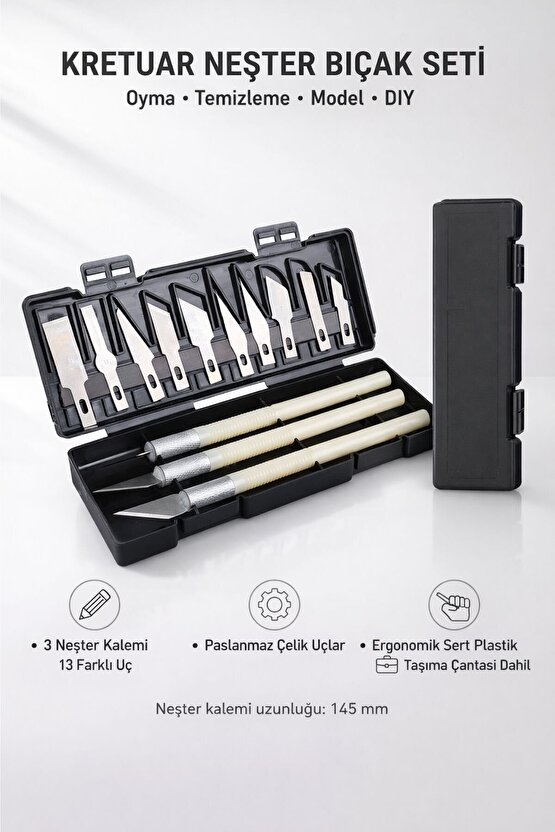 Kretuar Neşter Bıçak Seti 13 Uç + 3 Neşter Kalemi – Paslanmaz Çelik Hobi Neşteri