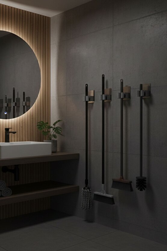 Paslanmaz Çelik Yapışkanlı Mop Tutucu | Klipsli Paspas Tutucu | Banyo Mutfak Temizlik Organizer