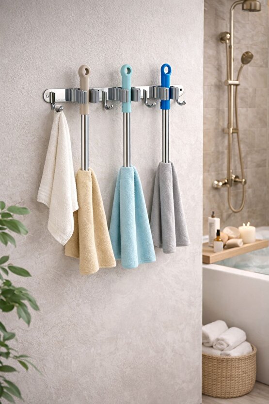 Paslanmaz Çelik Mop Askısı | Duvara Monte Mop ve Bez Tutucu 304 Çelik