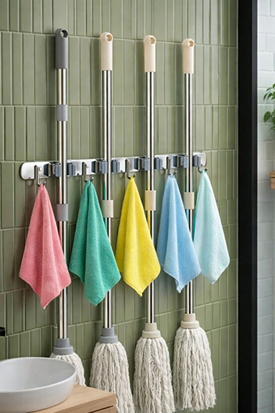 5 Kancalı 4 Mop Tutucu Paspas ve Süpürge Tutucu Askılık | 304 Paslanmaz Çelik Duvar Askısı