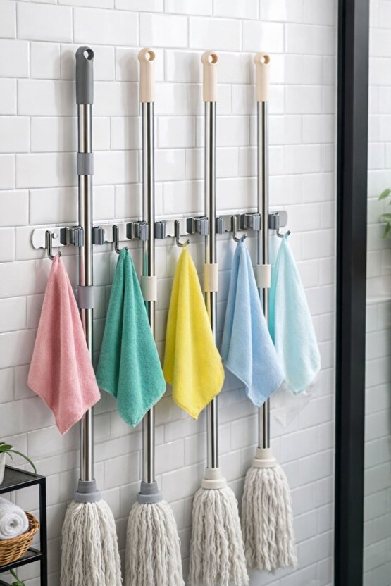 5 Kancalı 4 Mop Tutucu Paspas ve Süpürge Tutucu Askılık | 304 Paslanmaz Çelik Duvar Askısı