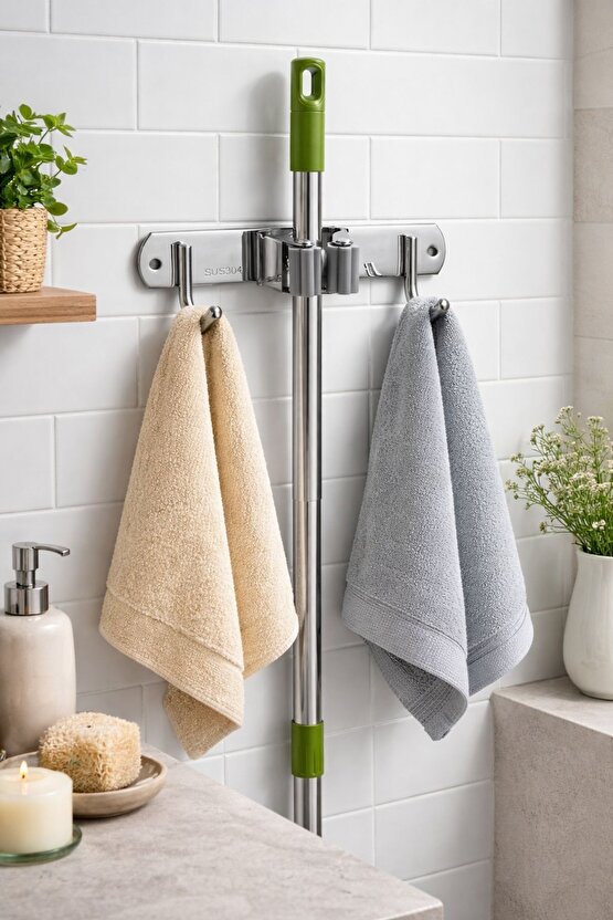 Mop Bez Havlı Askısı Duvara Monte – Paslanmaz Çelik Temizlik Aparatı Askılığı 304 Çelik