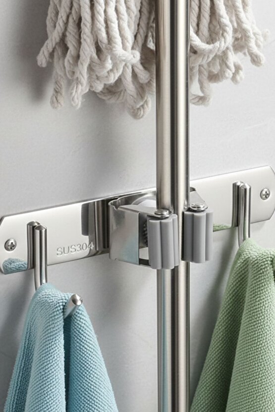 Mop Bez Havlı Askısı Duvara Monte – Paslanmaz Çelik Temizlik Aparatı Askılığı 304 Çelik
