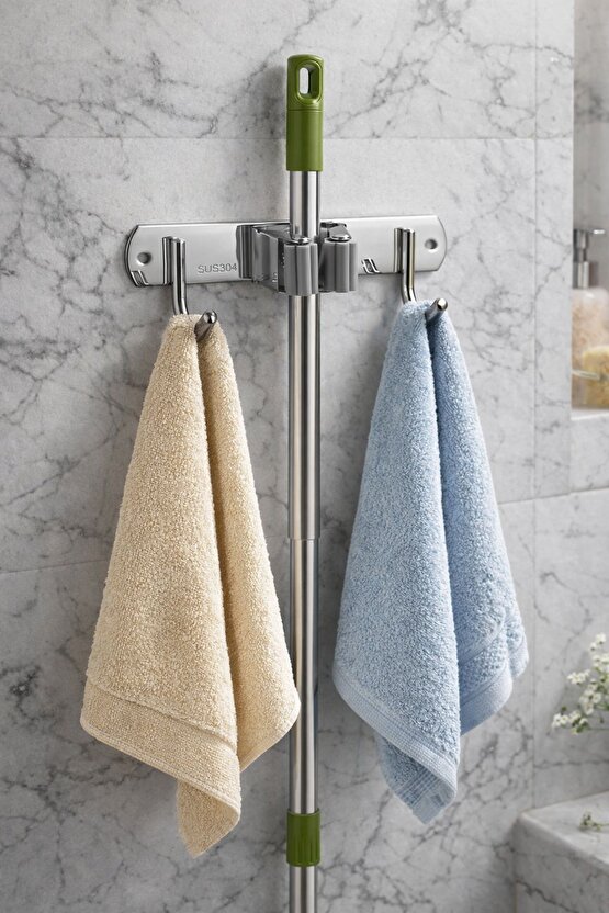 Mop Bez Havlı Askısı Duvara Monte – Paslanmaz Çelik Temizlik Aparatı Askılığı 304 Çelik