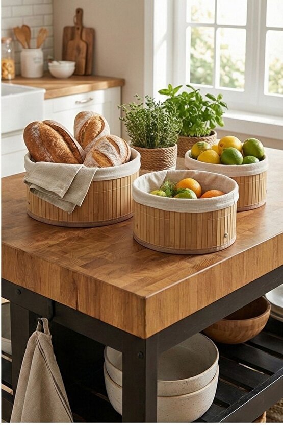 Yuvarlak Astarlı 3lü Bambu Sepet - Çok Amaçlı Meyve Sepeti Oyuncak Sepeti Organizer