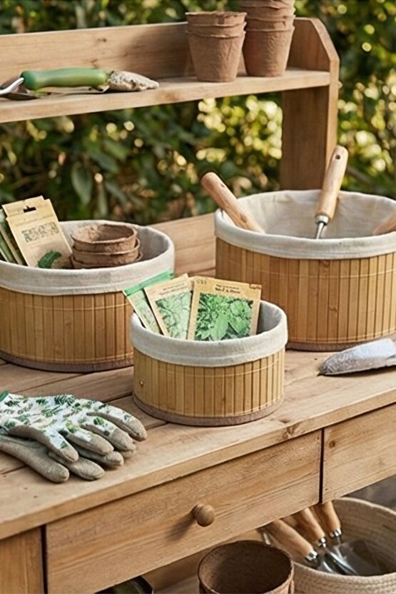 Yuvarlak Astarlı 3lü Bambu Sepet - Çok Amaçlı Meyve Sepeti Oyuncak Sepeti Organizer