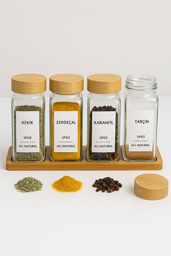 Standlı 5 Parça Bambu Kapaklı 4lü Cam Baharatlık 120 Ml Tuzluk Biberlik
