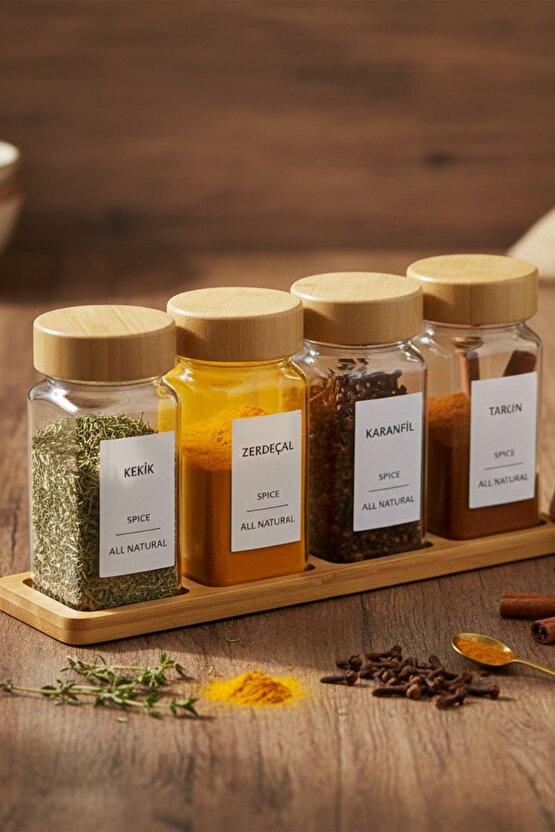 Standlı 5 Parça Bambu Kapaklı 4lü Cam Baharatlık 120 Ml Tuzluk Biberlik