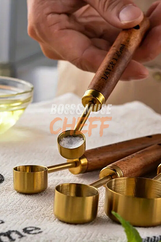 4 Adet Büyük Boy Paslanmaz Çelik Ahşap Saplı Ölçü Kaşığı Seti Ölçü Kabı Hediyeli