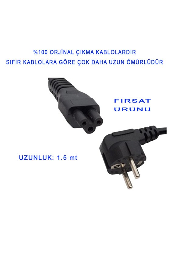 1.5 Mt %100 Orjinal Çıkma Laptop 3lü Adaptör Kablosu - Yonca Power Kablosu - Güç Kablosu