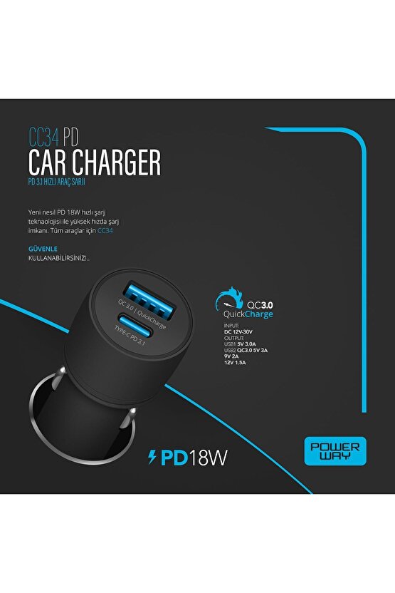 PD 18W 3.1A Araç Şarj Başlık PowerWay CC34