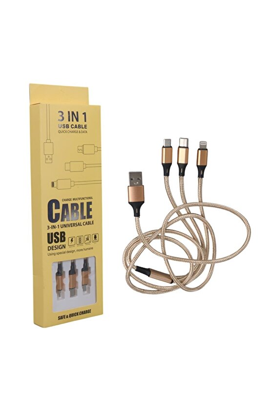 PM-2368 Micro USB - Type-C - Lightning Şarj Ve Data Kablosu 2.1 Amper 110Cm Örgülü