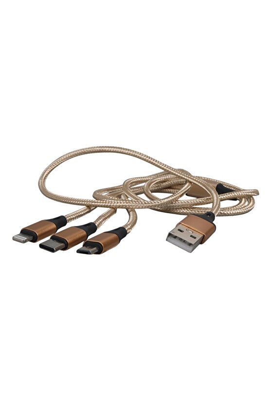 PM-2368 Micro USB - Type-C - Lightning Şarj Ve Data Kablosu 2.1 Amper 110Cm Örgülü
