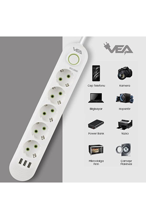 shpwave 5Lİ 1.5 METRE KABLOLU 3 USBLİ BEYAZ AKIM KORUMALI PRİZ BAKIR KABLO HARİCİ GÜÇ ANAHT