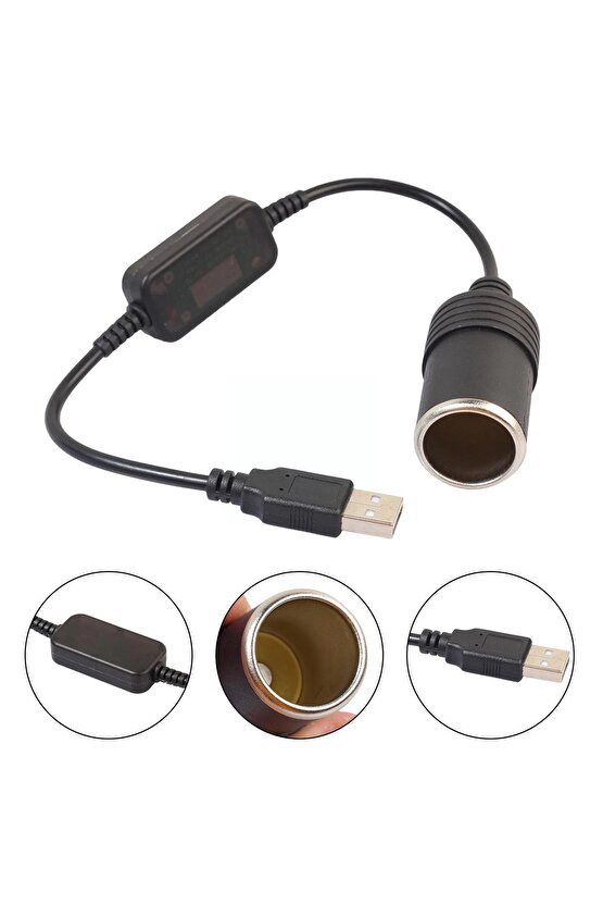 Usb 2.0 5 Volt 2 Amper To 12 Volt - 0.8 Amper Çakmak Fişi Dişi Çevirici 30 Cm