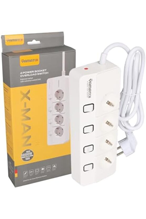 XMAN104 A 4lü Ayrı Anahtarlı 1,5 Metre Grup Priz, çocuk korumalı, Aşırı yük, kısa devre, aşırı