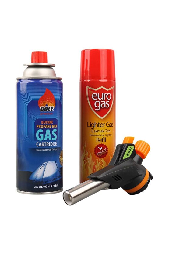Mahzen Profesyonel 3lü Pürmüz Başlığı Seti (Butan Propan Gaz Kartuşu 400ML Çakmak + Çakmak Gazı 270