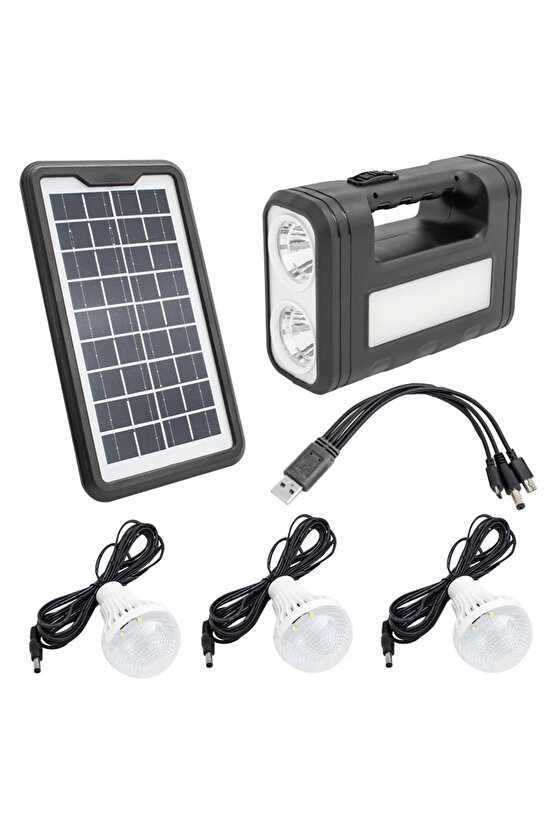 Gd-8017s Panelli Solar Lamba 3 Ampullü Set Akülü Solar Işıldak Fener