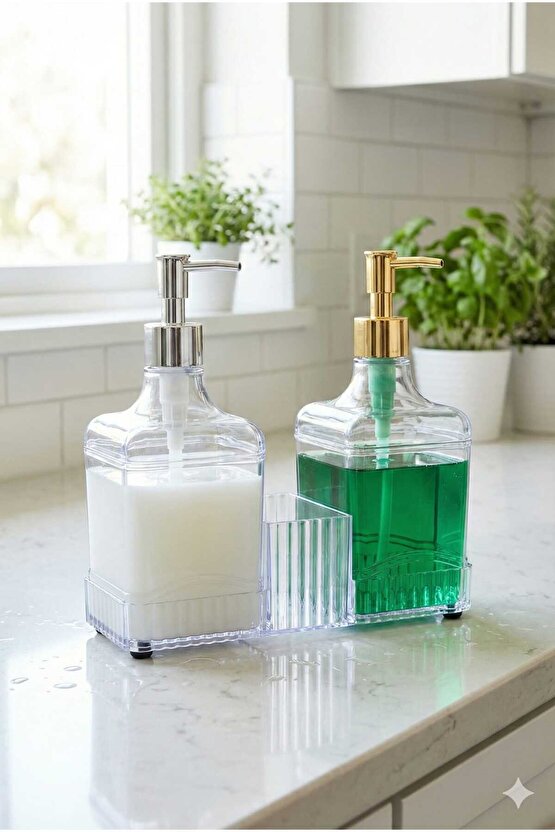 Plastik İkili Standlı Sıvı Sabunluk – Banyo ve Mutfak Tezgah Üstü Sabun Dispenseri