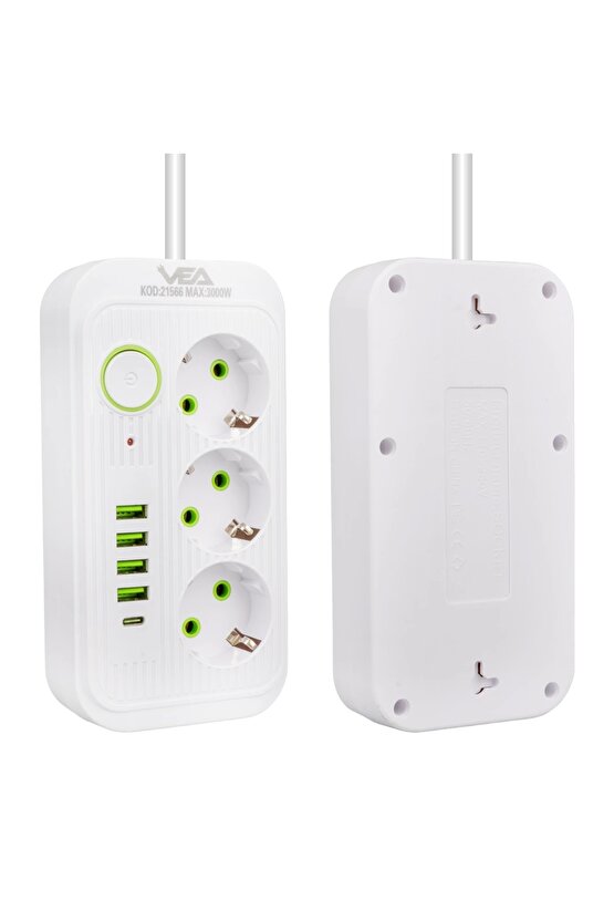 Vea Va-21566 3lü 1.5 Metre Kablolu 4 Usbli+ Type-c Beyaz Akım Korumalı Priz