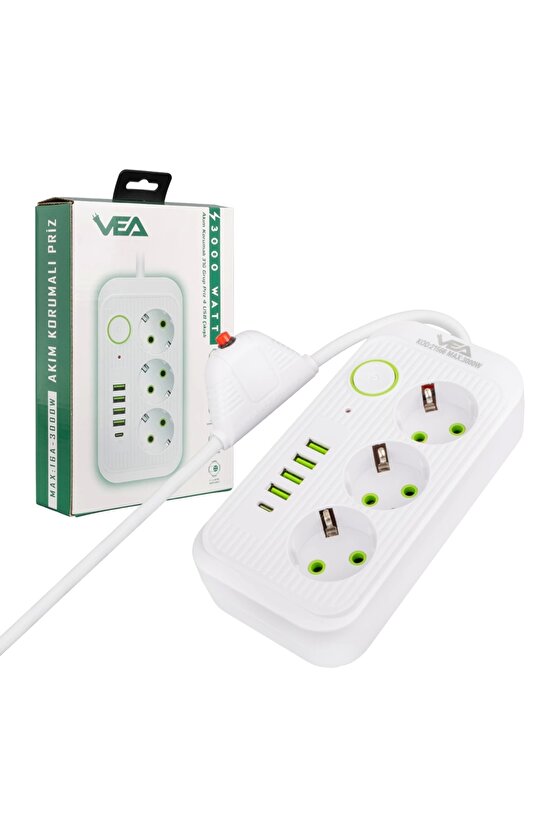 Vea Va-21566 3lü 1.5 Metre Kablolu 4 Usbli+ Type-c Beyaz Akım Korumalı Priz