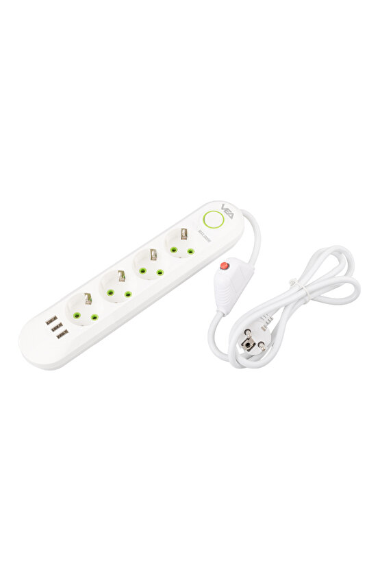 VA-21560 4LÜ 1.5 METRE KABLOLU 3 USBLİ BEYAZ AKIM KORUMALI PRİZ