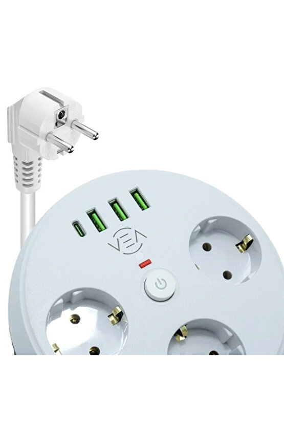 Vea VE-26583 3'LÜ 1.5 Metre Kablolu 3 USB  TYPE-C Girişli Akım Korumalı Grup Priz (5047)