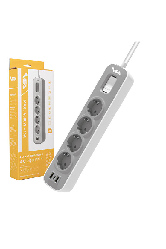 VE-NOVA104U A CLASS 4LÜ 2 USBLİ ANAHTARLI 1.5 METRE AKIM KORUMALI GRUP PRİZ (MADE IN MALAYSIA) (2818