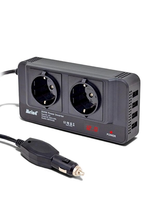 Oto Power Inverter 12V 200W – Çakmak Girişli, 4 USB Çıkışlı Dönüştürücü Adaptör
