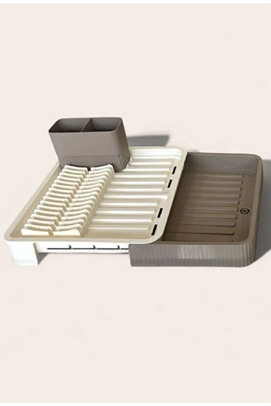 Kahverengi Sürgülü Bulaşıklık – Ayarlanabilir Paslanmaz Plastik Bulaşık Süzeği ve Kurutmalık