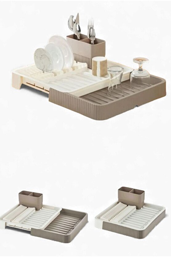 Kahverengi Sürgülü Bulaşıklık – Ayarlanabilir Paslanmaz Plastik Bulaşık Süzeği ve Kurutmalık