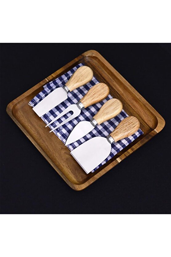 Ahşap Saplı Paslanmaz Çelik Peynir Bıçakları Servis Seti 4 Parça