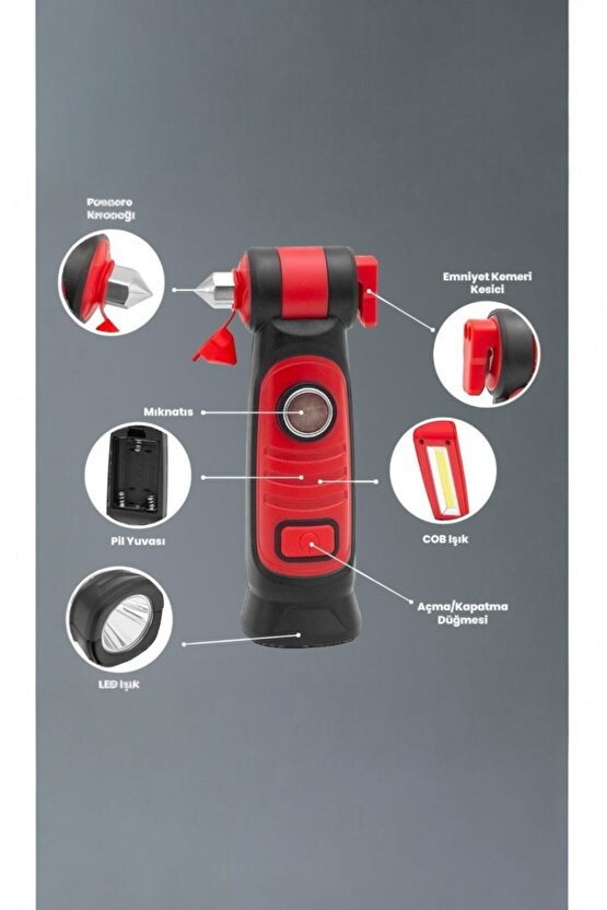 Çok Fonksiyonlu Şarjlı El Feneri | Emniyet Keseri, Cam Kıracağı, Mıknatıs, Askılık Özellikli Fener