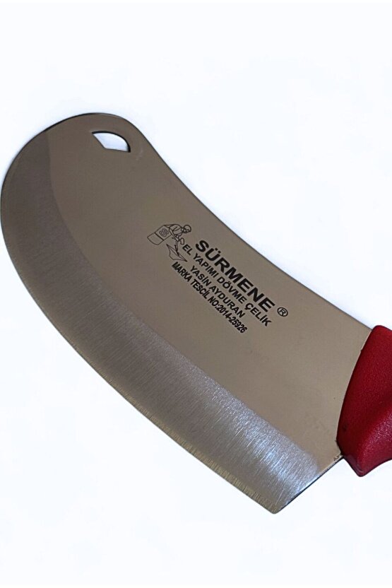 Sürmene El Yapımı Dövme Çelik Kasap Satırı – 29 cm Kırmızı Saplı Et Doğrama Bıçağı