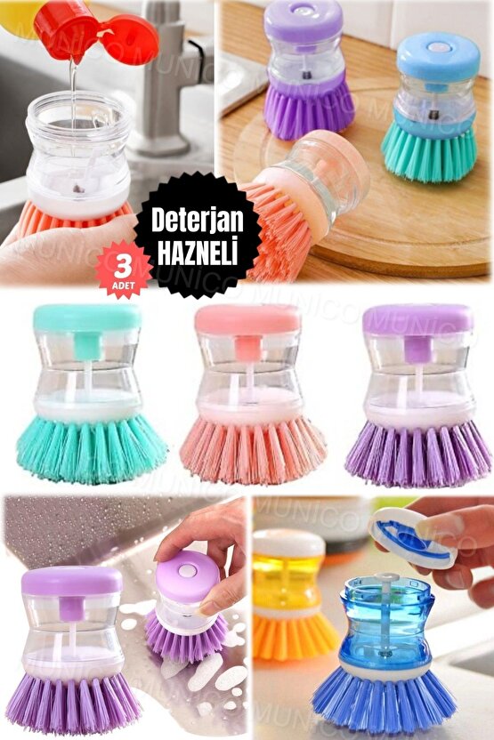 3 Adet Sıvı Deterjanlı Bulaşık Temizlik Aracı Ergonomik Kullanışlı Mutfak İçin Sabun Hazneli Bulaşık