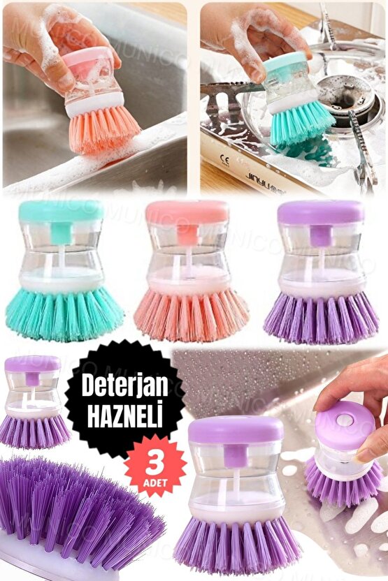 3 Adet Sıvı Deterjanlı Bulaşık Temizlik Aracı Ergonomik Kullanışlı Mutfak İçin Sabun Hazneli Bulaşık