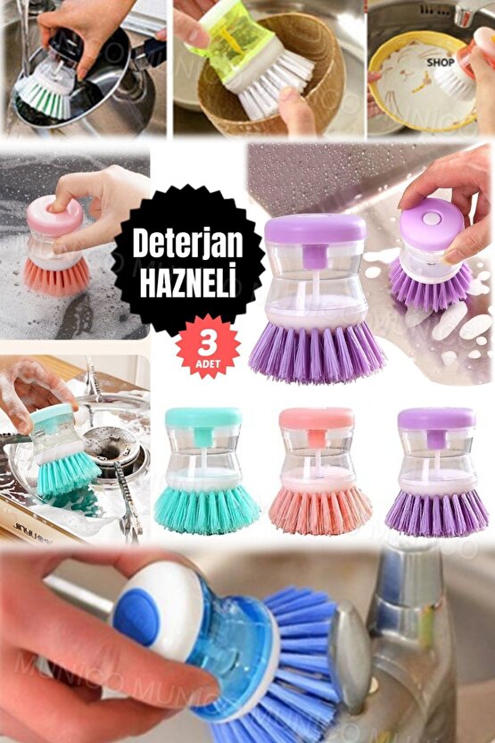 3 Adet Sıvı Deterjanlı Bulaşık Temizlik Aracı Ergonomik Kullanışlı Mutfak İçin Sabun Hazneli Bulaşık