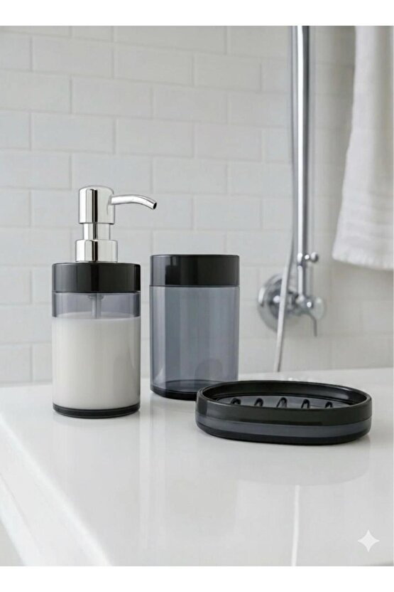 3 Parça Siyah Banyo Seti | Krom Görünümlü Plastik Başlıklı Sabunluk + Diş Fırçalık + Sabunluk