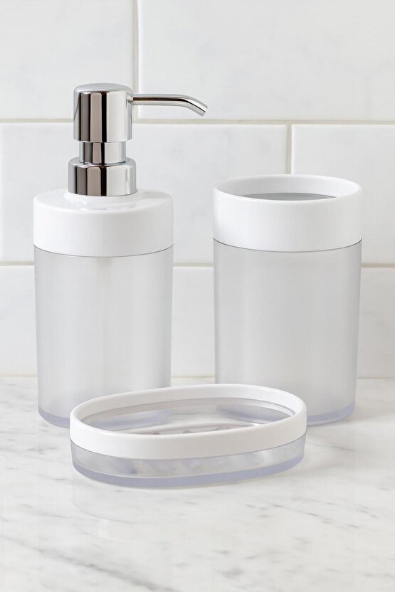 3 Parça Beyaz Banyo Seti | Krom Görünümlü Plastik Başlıklı Sabunluk + Diş Fırçalık + Sabunluk