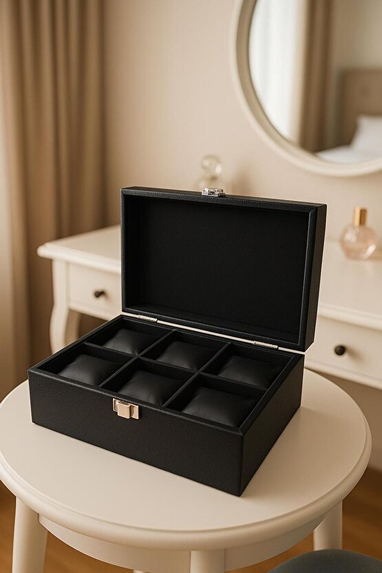 Siyah Deri 6 Bölmeli Saat Kutusu – Şık ve Zarif Tasarım 24x15x8