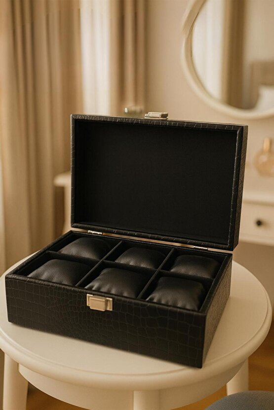 Siyah Timsah Deri 6 Bölmeli Saat Kutusu – Şık ve Zarif Tasarım 24x15x8