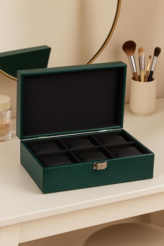Yeşil Timsah Deri 6 Bölmeli Saat Kutusu – Modern ve Zarif Tasarım 24x15x8 cm